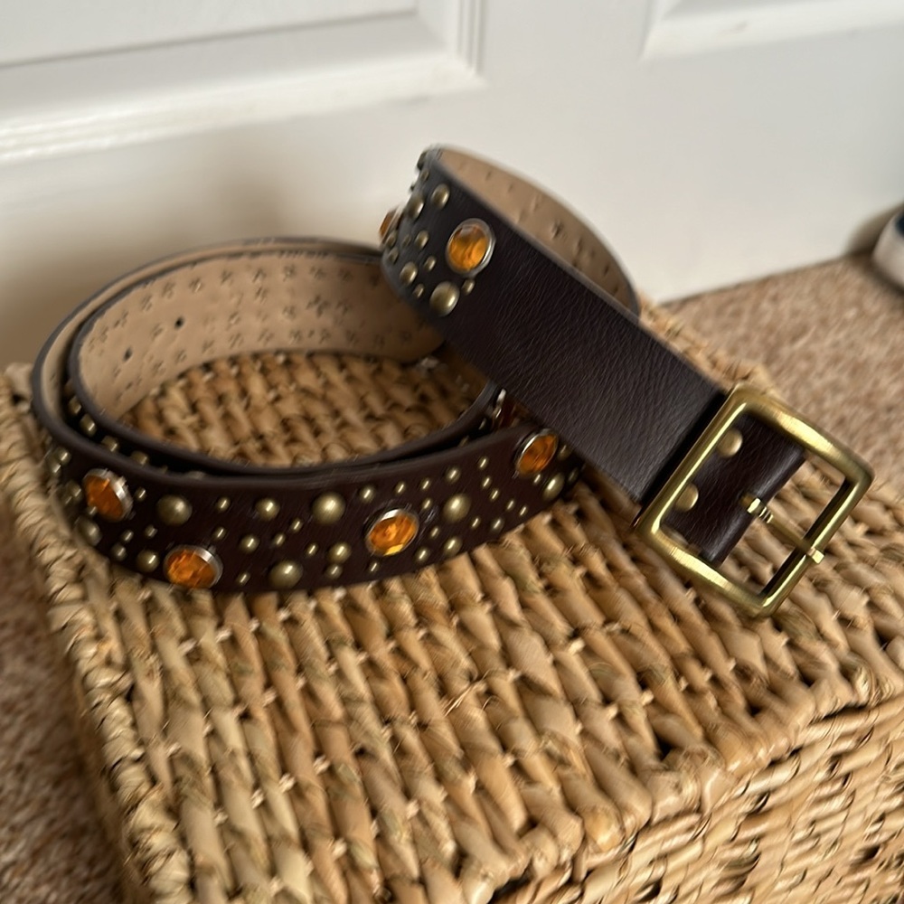 Brown Leather studded belt with orange gems and gold grommets. Size Large-44”
